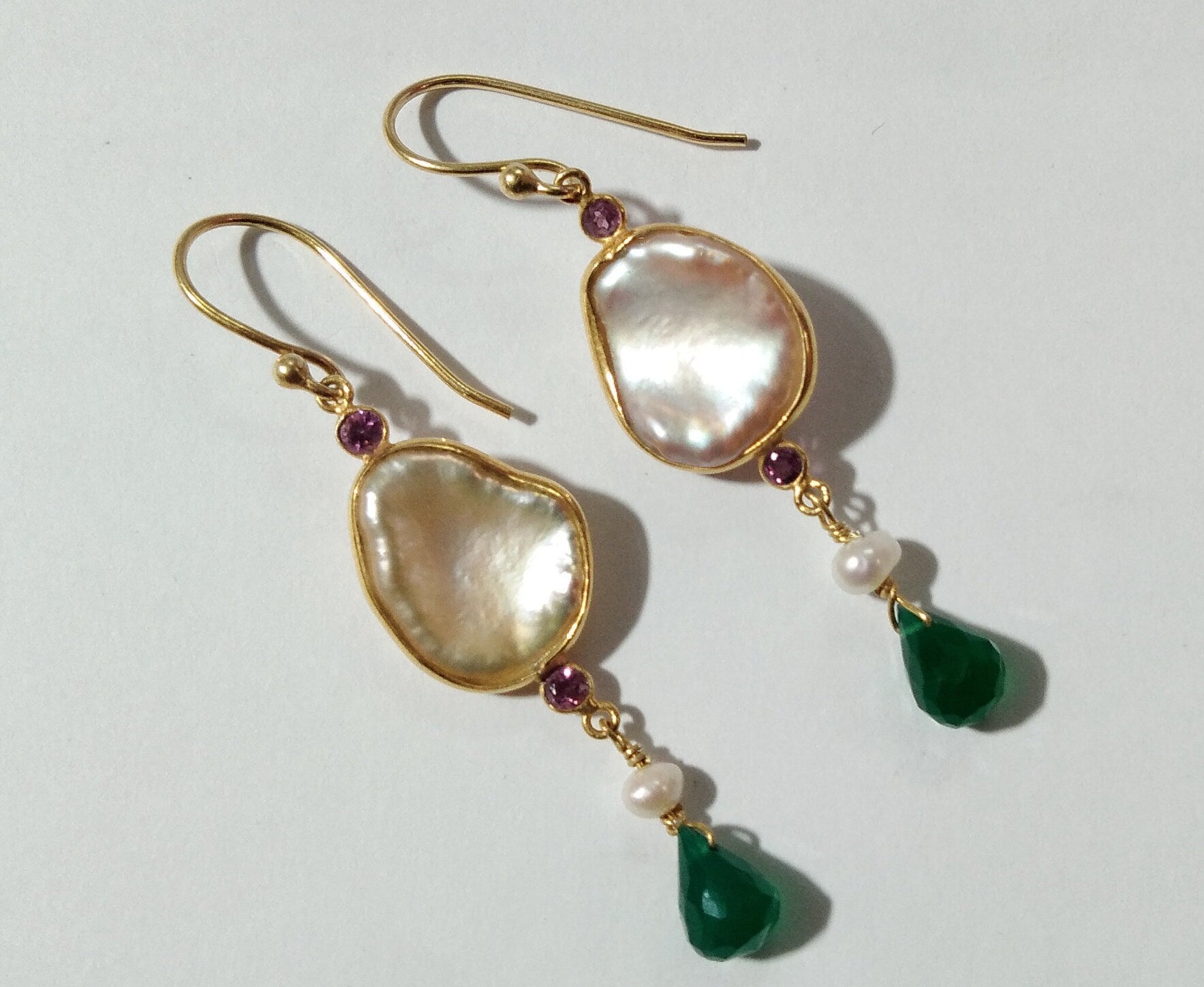 Natural Pearl, Garnet, Green Onyx Stone Earring, 925 Sterling Silver With Gold Plated & Delicate Earring, Handmade Earring Wedding Jewelry